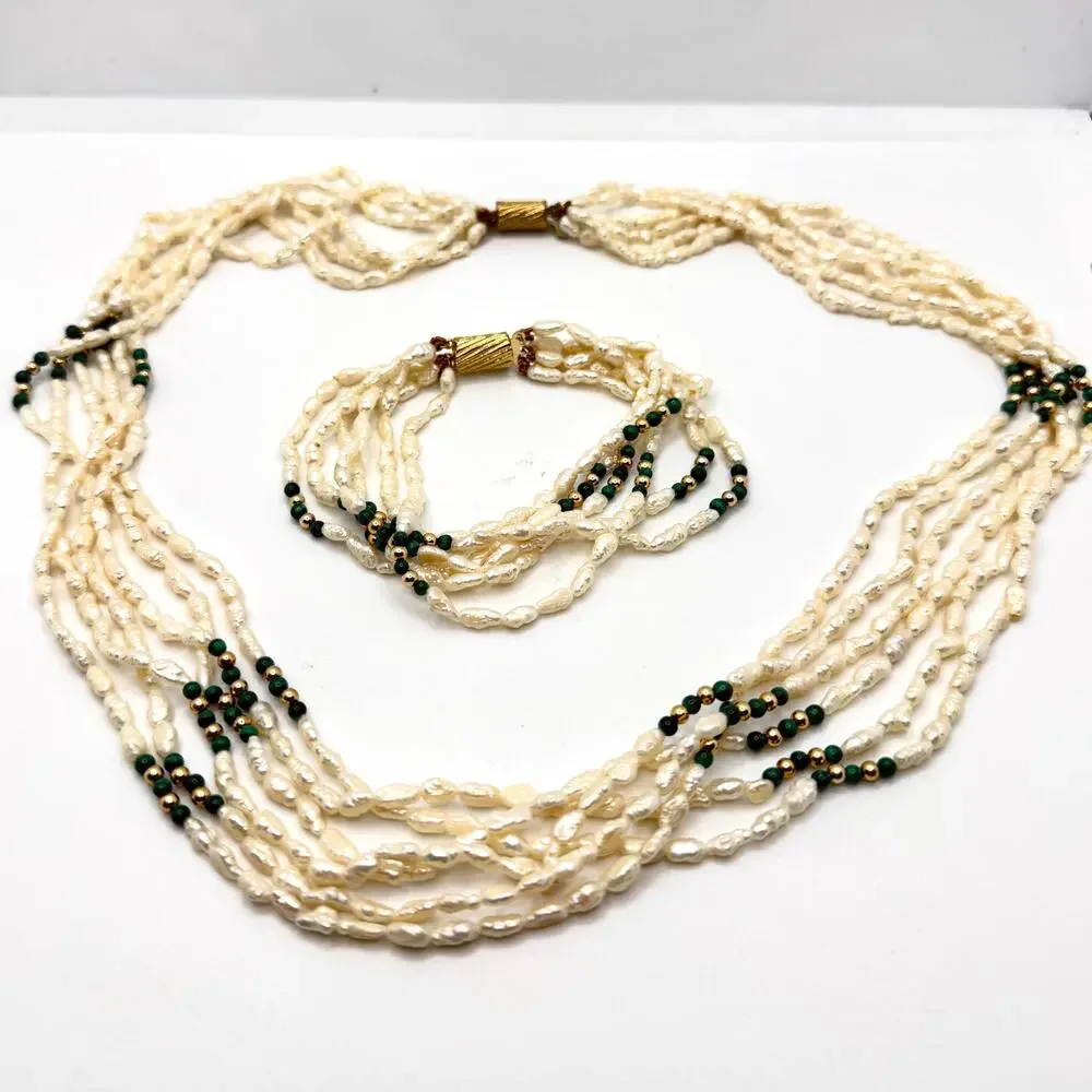 Vintage 80s Multi Strand Rice Pearl Malachite Necklace Bracelet Jewelry Set
